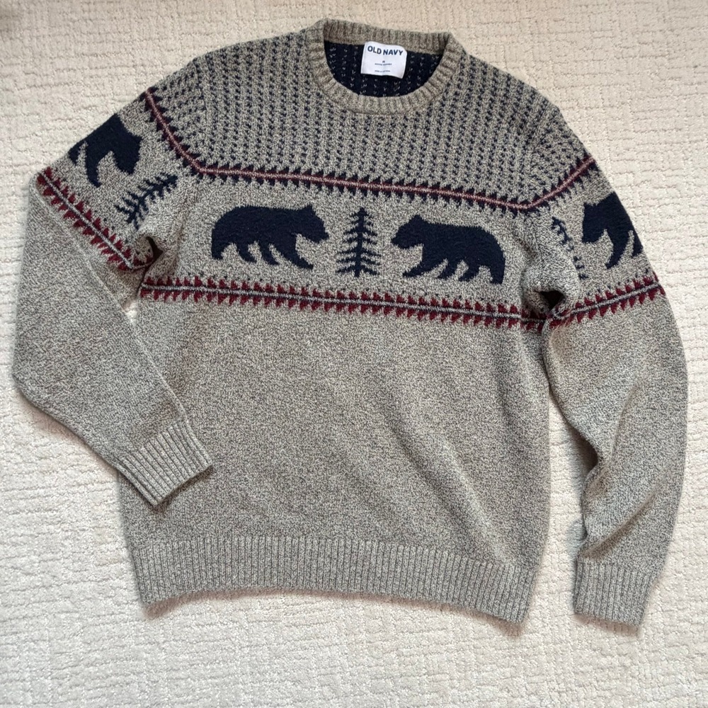 Old Navy Brown Fair Isle Bear Pine Tree Plush Crew Neck Sweater M Cabincore Cozy
